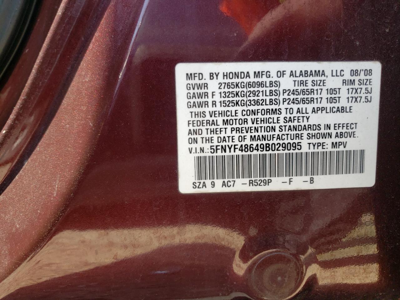 Photo 10 from auction – 2009 HONDA PILOT EXL with VIN 5FNYF48649B029095