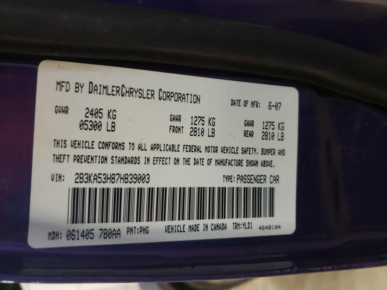 Photo 10 from auction – 2007 DODGE CHARGER R/ with VIN 2B3KA53H87H839003