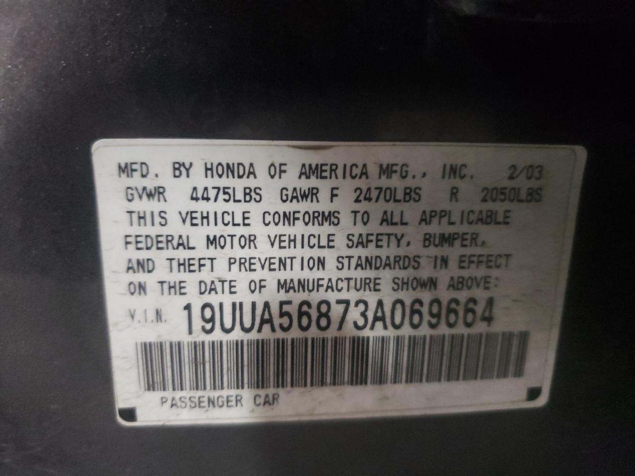 Photo 10 from auction – 2003 ACURA 3.2TL TYPE with VIN 19UUA56873A069664