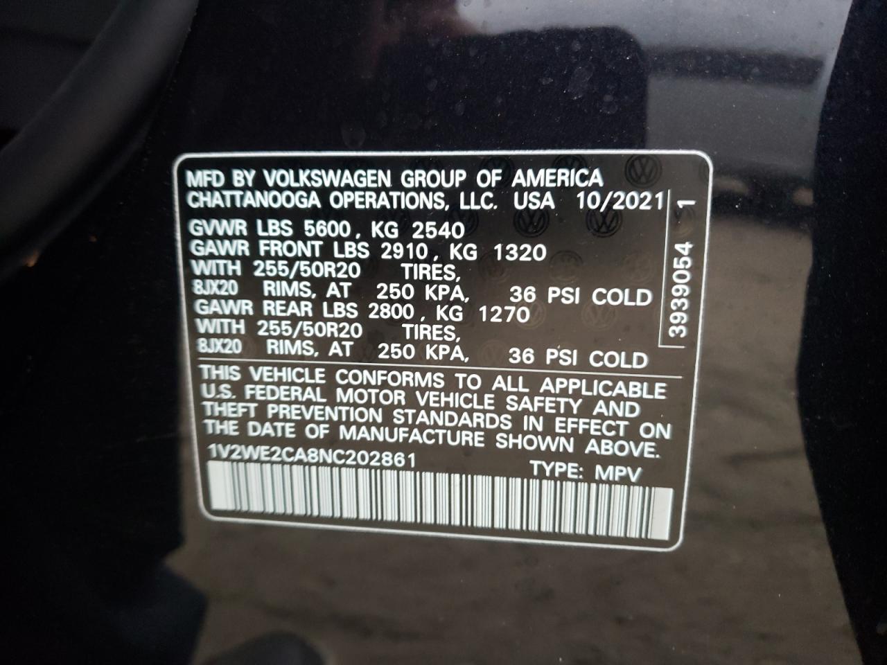 Photo 10 from auction – 2022 VOLKSWAGEN ATLAS with VIN 1V2WE2CA8NC202861