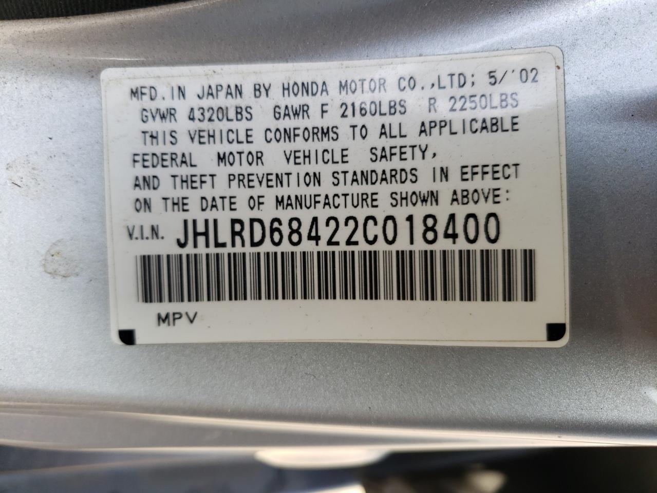 Photo 10 from auction – 2002 HONDA CR-V LX with VIN JHLRD68422C018400