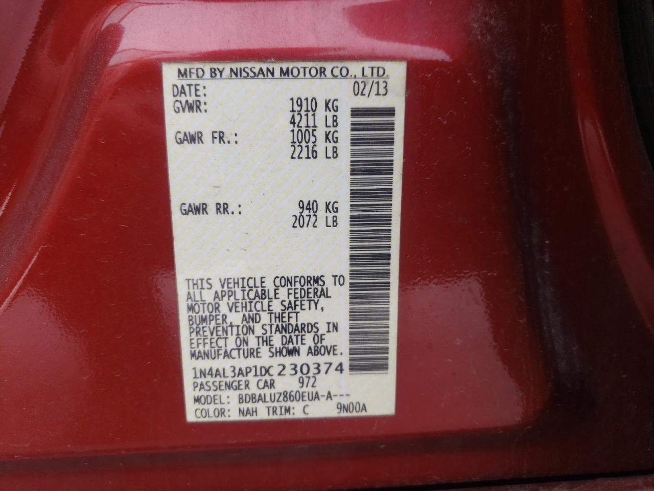 Photo 10 from auction – 2013 NISSAN ALTIMA 2.5 with VIN 1N4AL3AP1DC230374