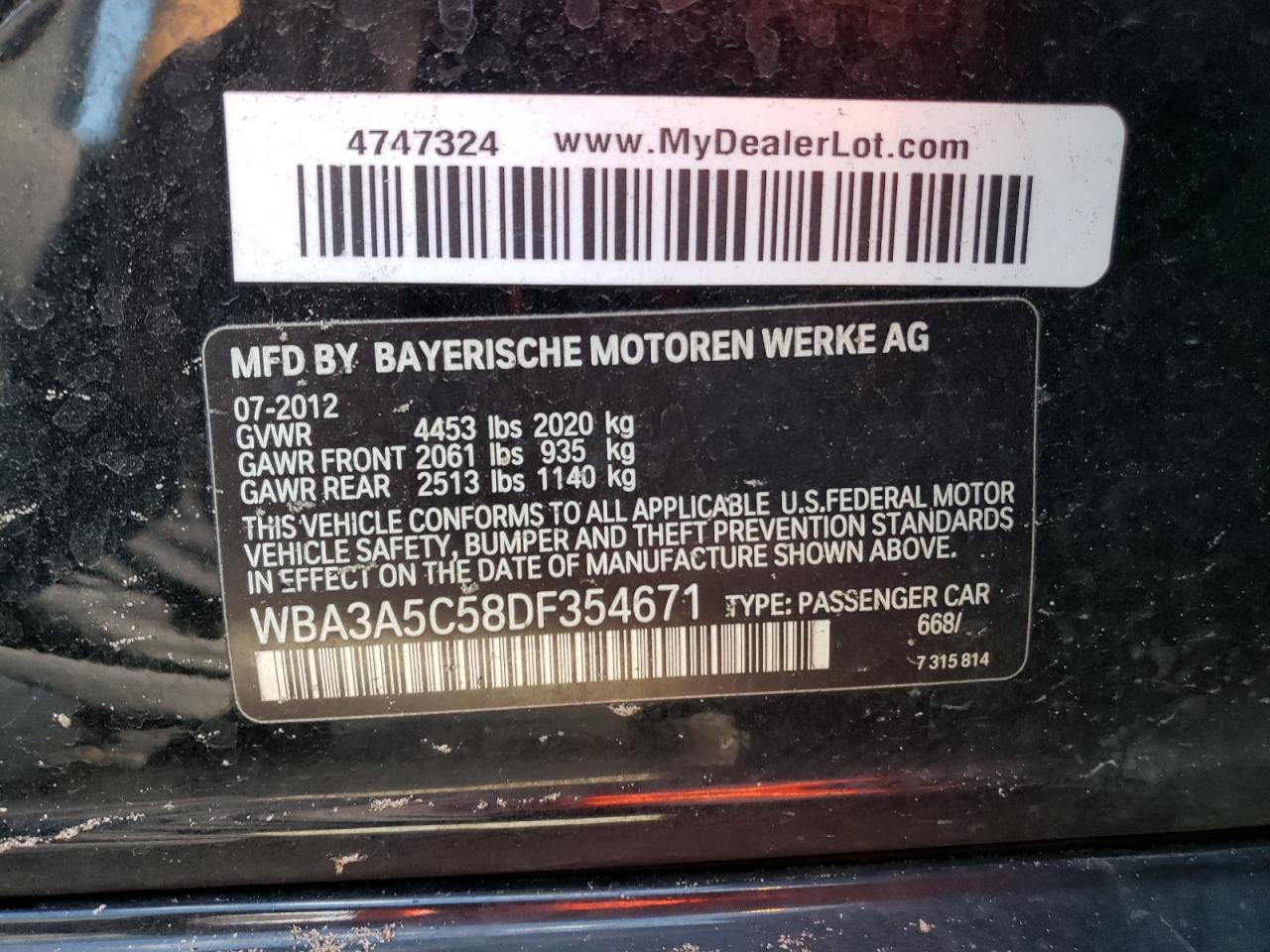 Photo 10 from auction – 2013 BMW 328 I with VIN WBA3A5C58DF354671