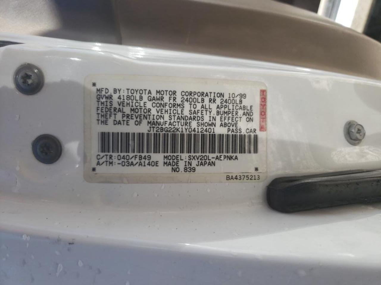 Photo 10 from auction – 2000 TOYOTA CAMRY CE with VIN JT2BG22K1Y0412401