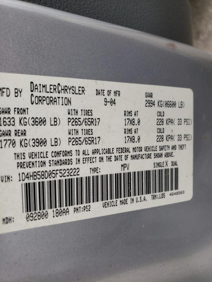Photo 10 from auction – 2005 DODGE DURANGO LI with VIN 1D4HB58D05F523222