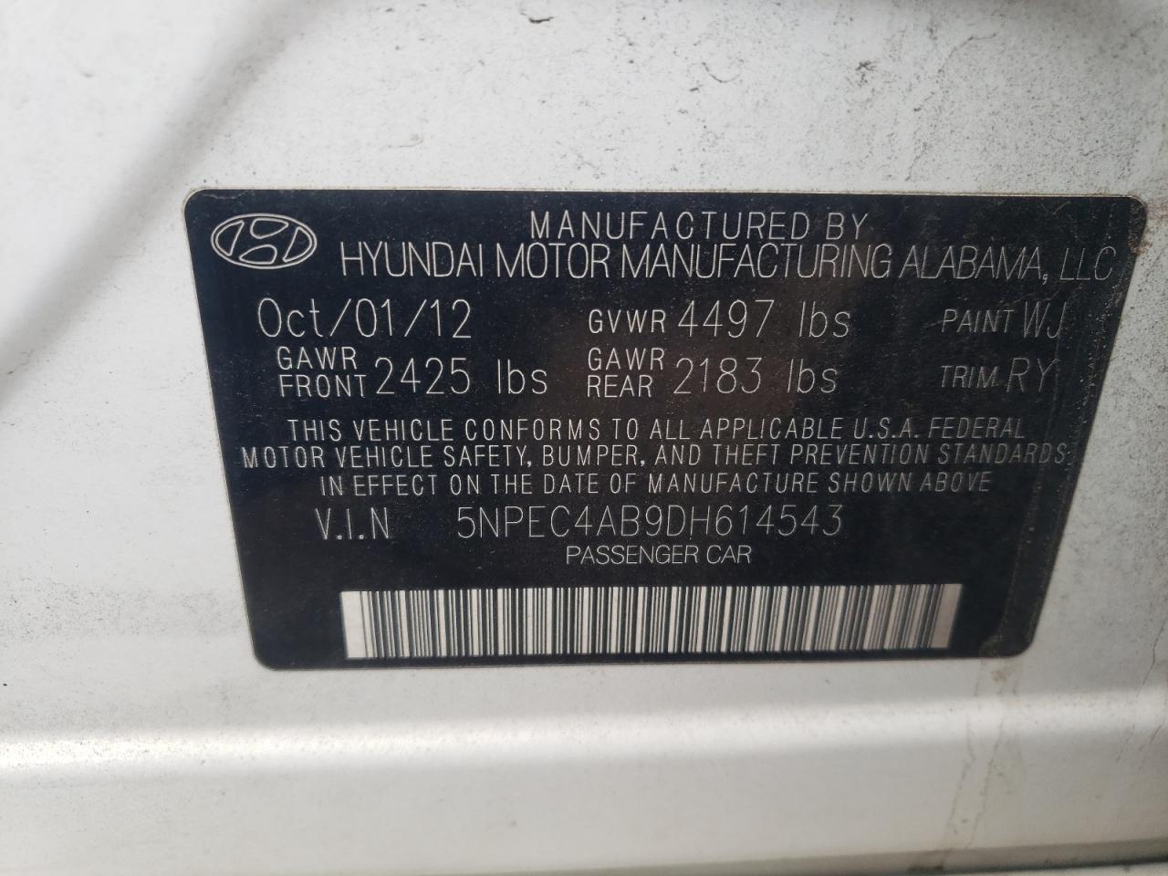 Photo 10 from auction – 2013 HYUNDAI SONATA SE with VIN 5NPEC4AB9DH614543