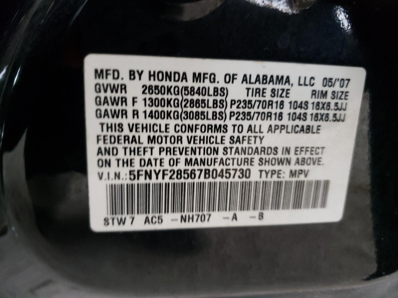 Foto 10 de la subasta – 2007 HONDA PILOT EXL con VIN 5FNYF28567B045730