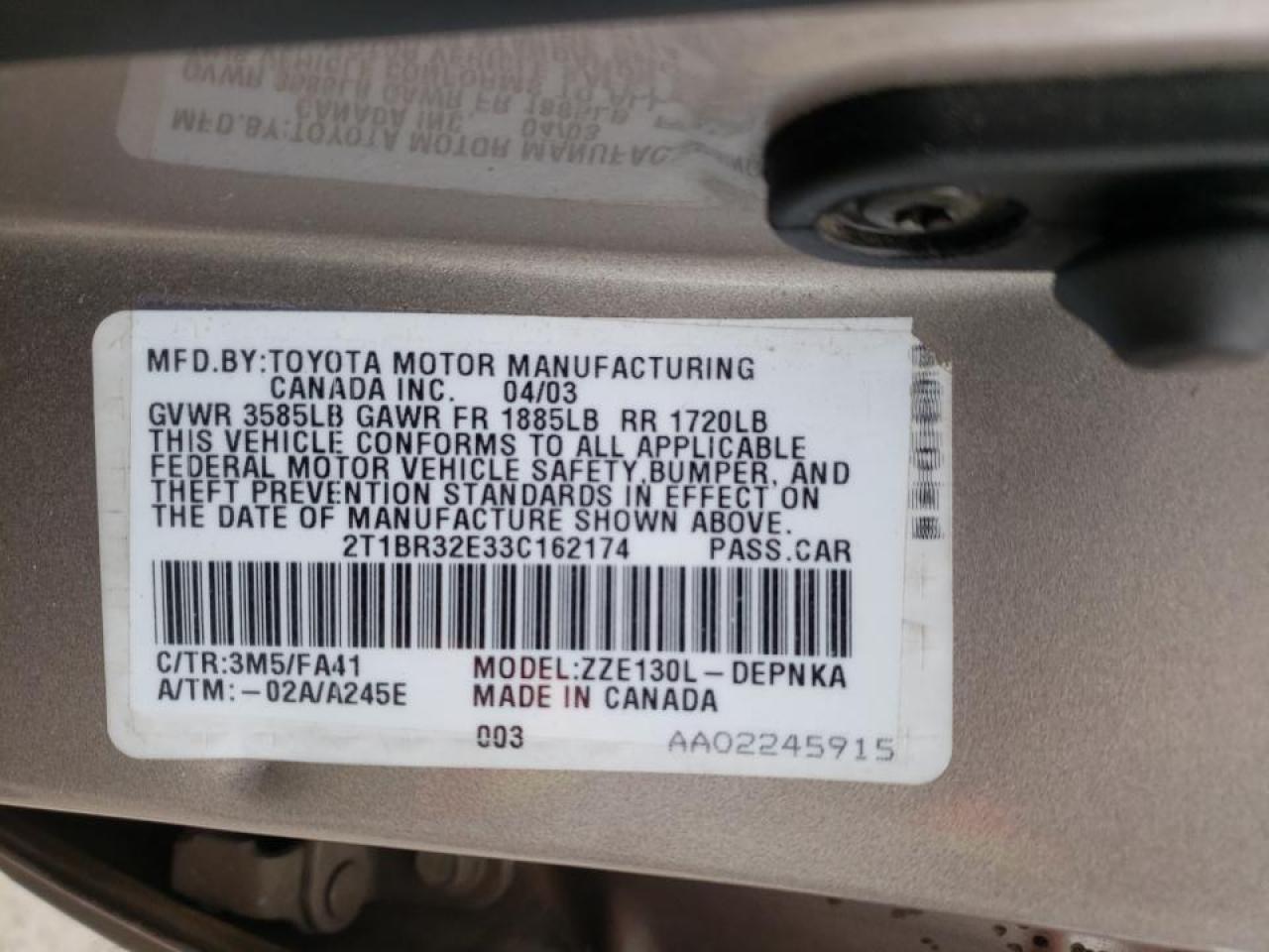 Photo 10 from auction – 2003 TOYOTA COROLLA CE with VIN 2T1BR32E33C162174