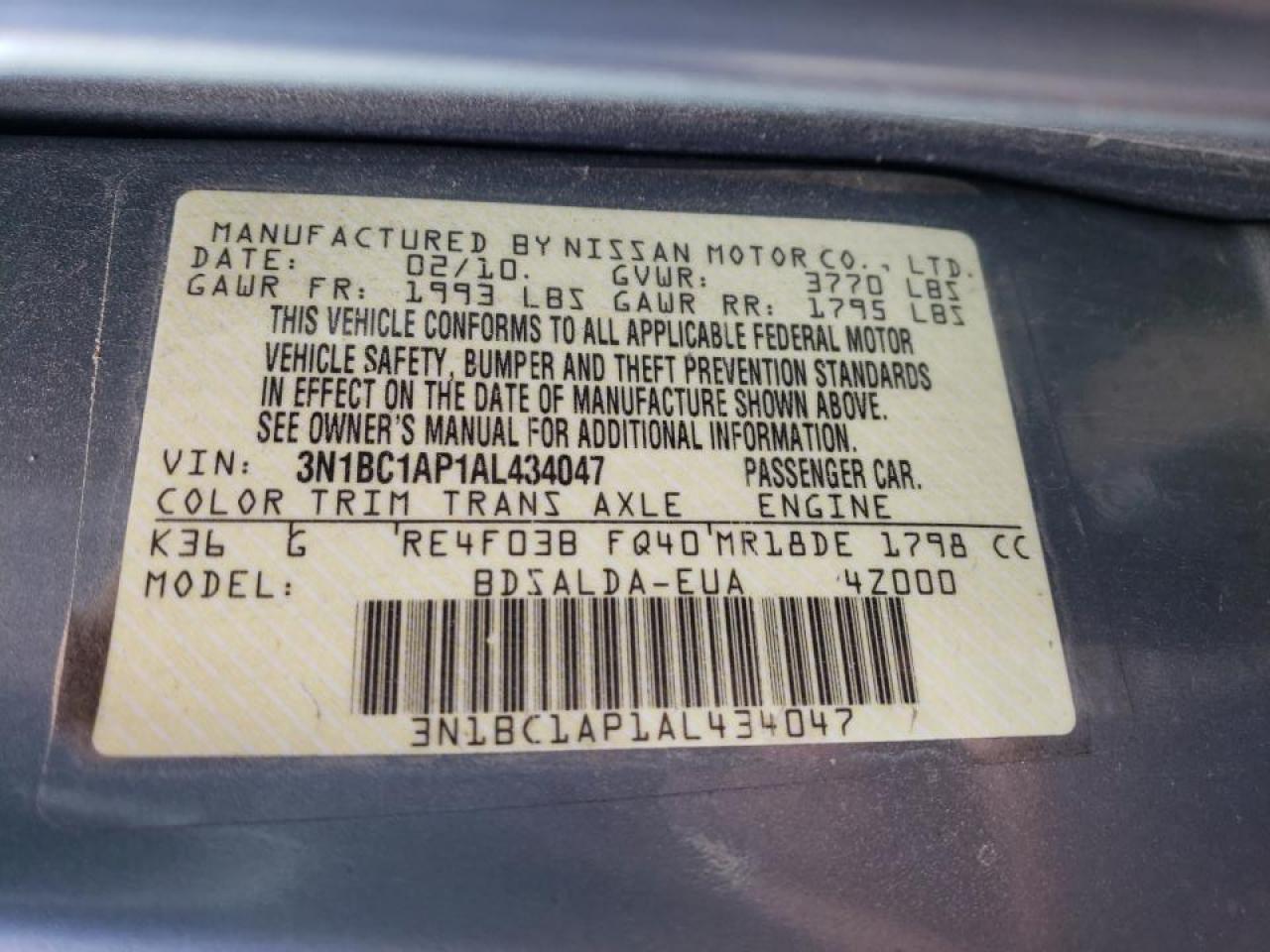 Photo 10 from auction – 2010 NISSAN VERSA S with VIN 3N1BC1AP1AL434047