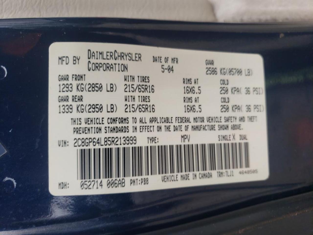 Photo 10 from auction – 2005 CHRYSLER TOWN & COU with VIN 2C8GP64L85R213999