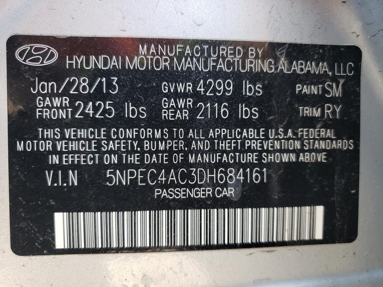 Photo 10 from auction – 2013 HYUNDAI SONATA SE with VIN 5NPEC4AC3DH684161