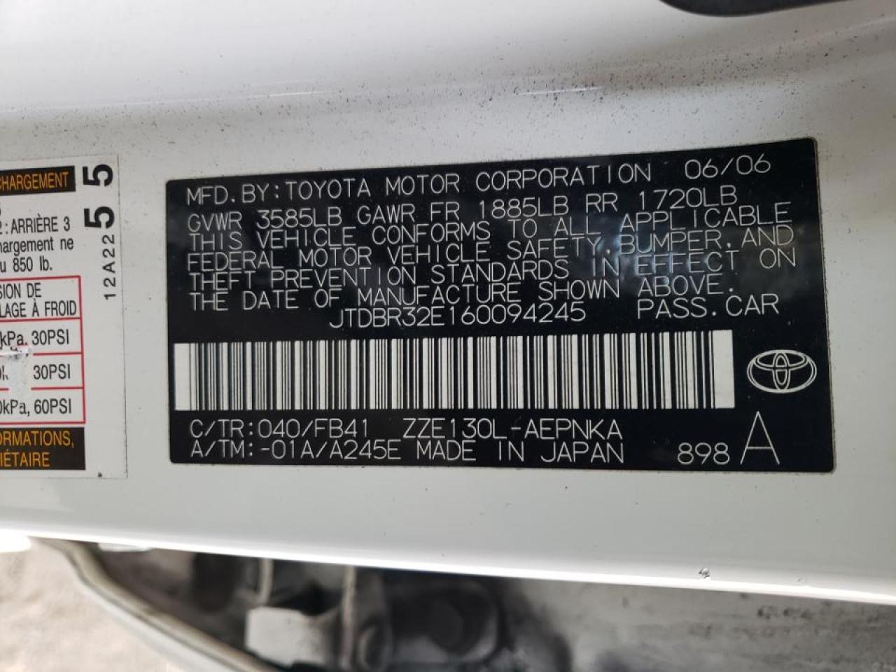 Photo 10 from auction – 2006 TOYOTA COROLLA CE with VIN JTDBR32E160094245