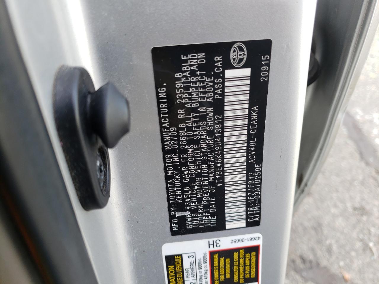 Photo 10 from auction – 2009 TOYOTA CAMRY BASE with VIN 4T1BE46K49U413812