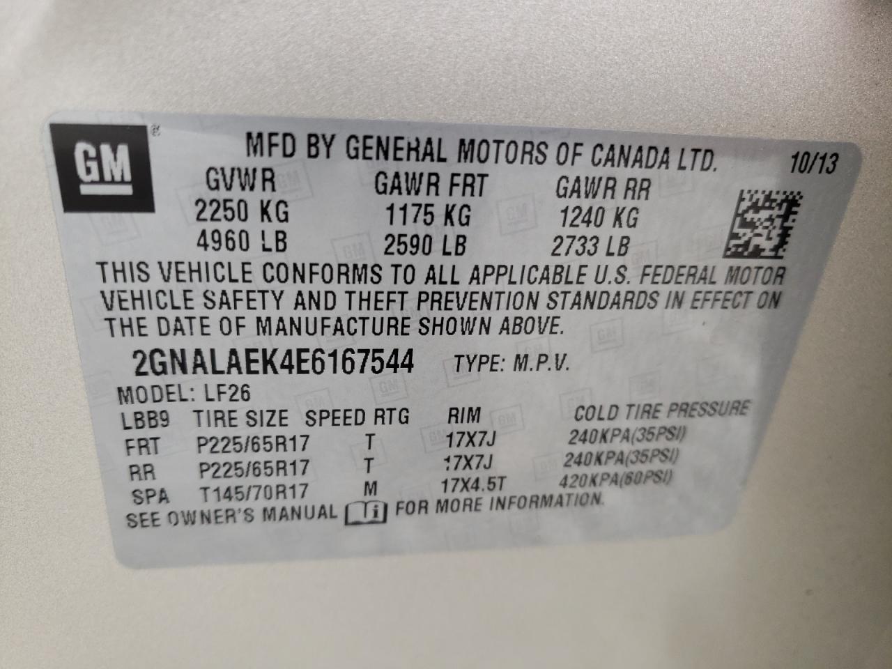Photo 10 from auction – 2014 CHEVROLET EQUINOX LS with VIN 2GNALAEK4E6167544