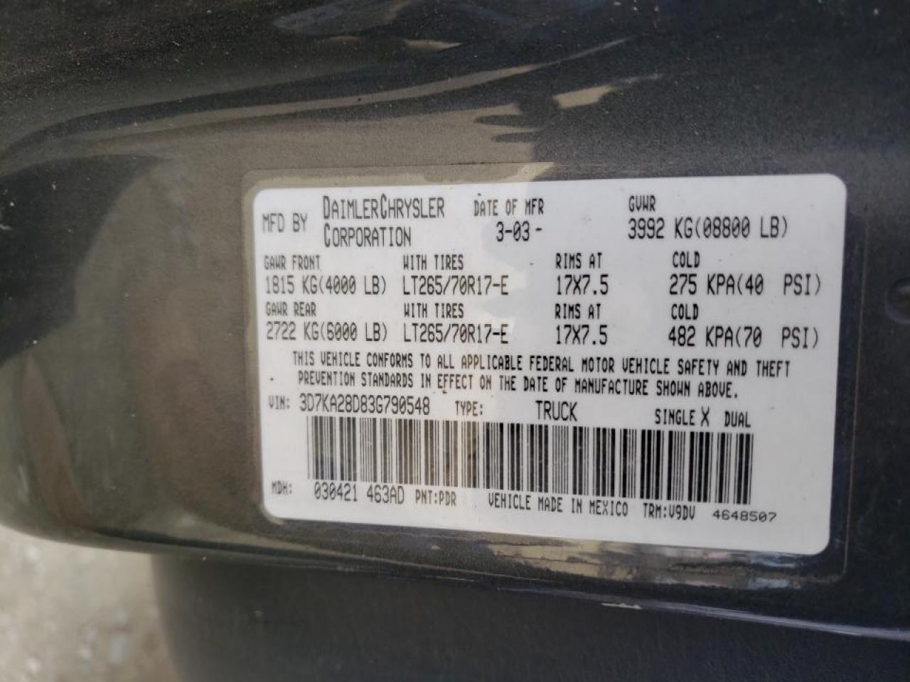 Фото 10 с аукциона – 2003 DODGE RAM 2500 S с VIN 3D7KA28D83G790548
