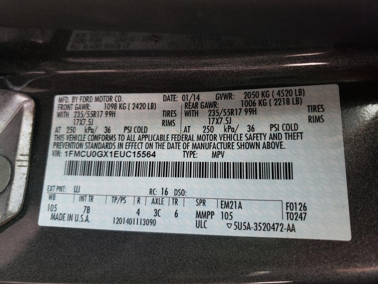 Photo 10 from auction – 2014 FORD ESCAPE SE with VIN 1FMCU0GX1EUC15564