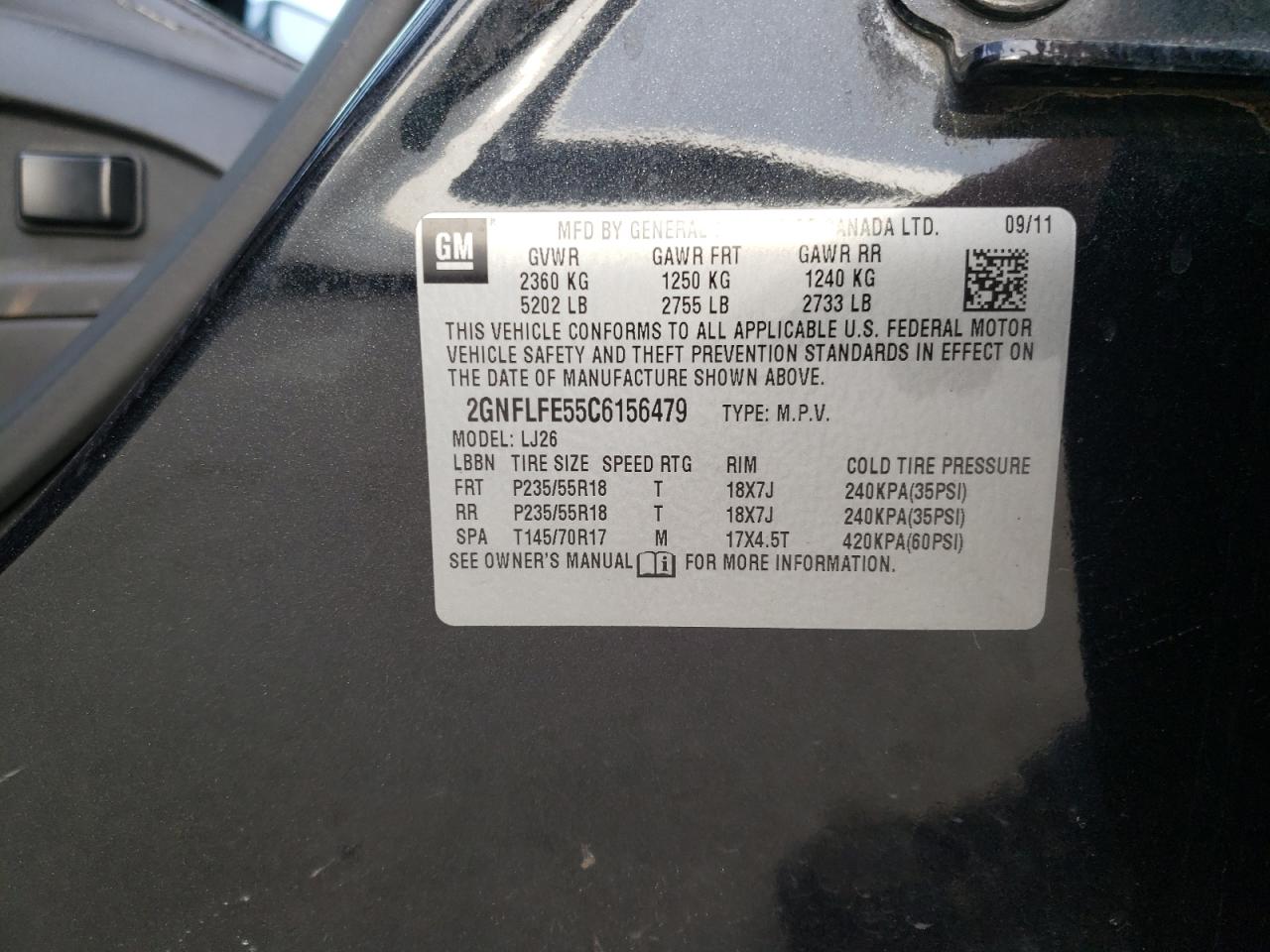 Photo 10 from auction – 2012 CHEVROLET EQUINOX LT with VIN 2GNFLFE55C6156479