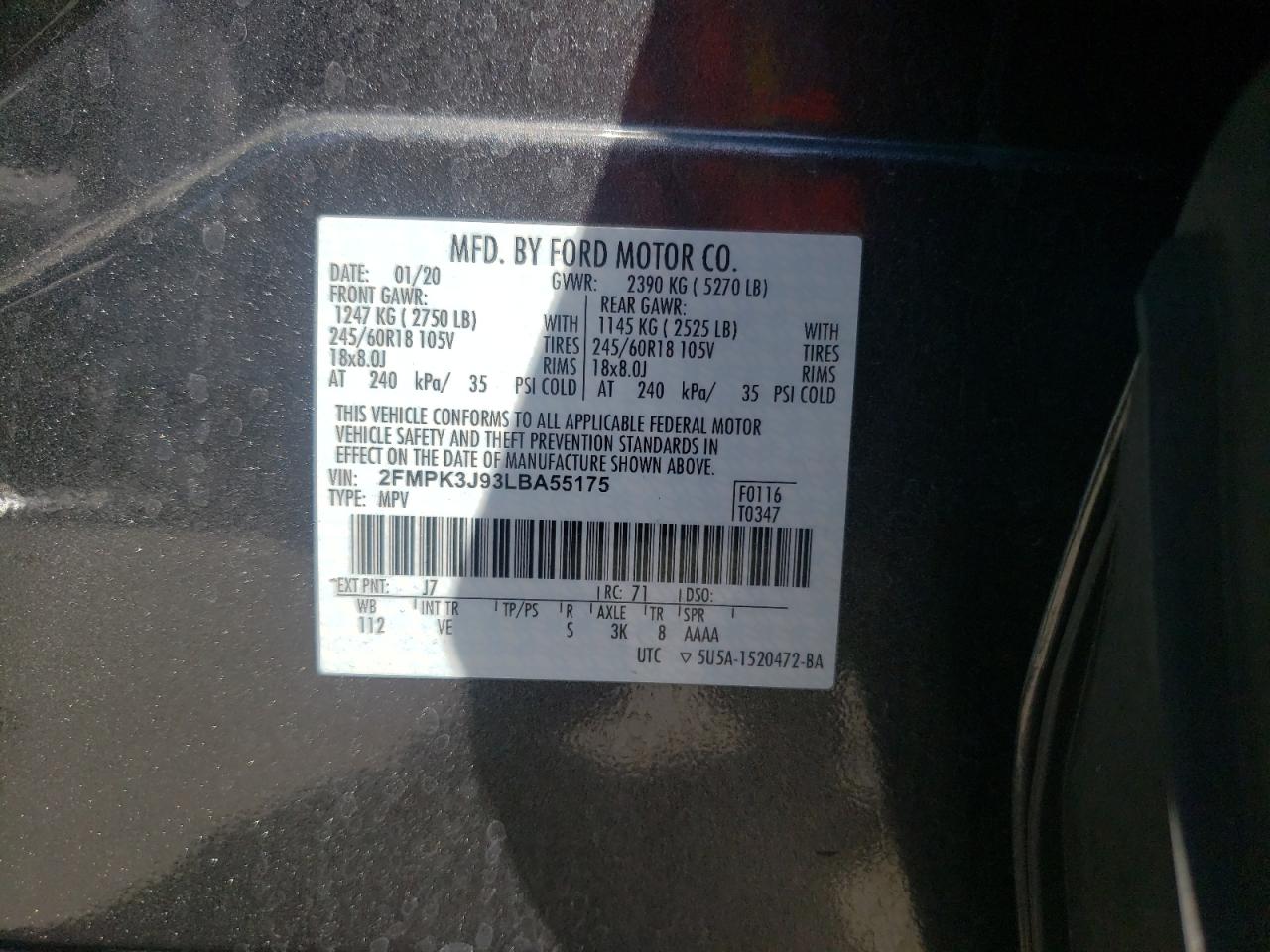 Photo 10 from auction – 2020 FORD EDGE SEL with VIN 2FMPK3J93LBA55175