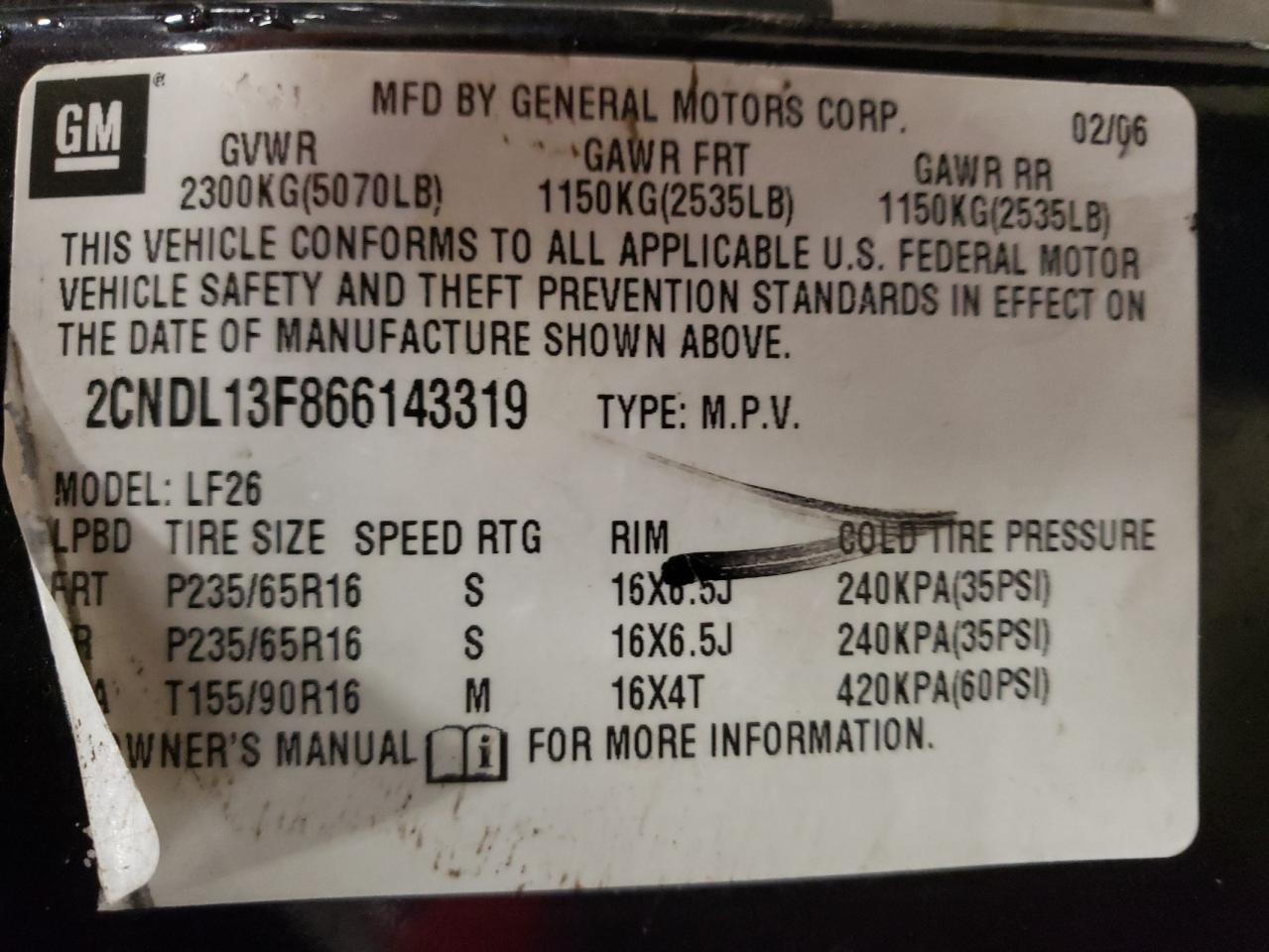 Photo 10 from auction – 2006 CHEVROLET EQUINOX LS with VIN 2CNDL13F866143319