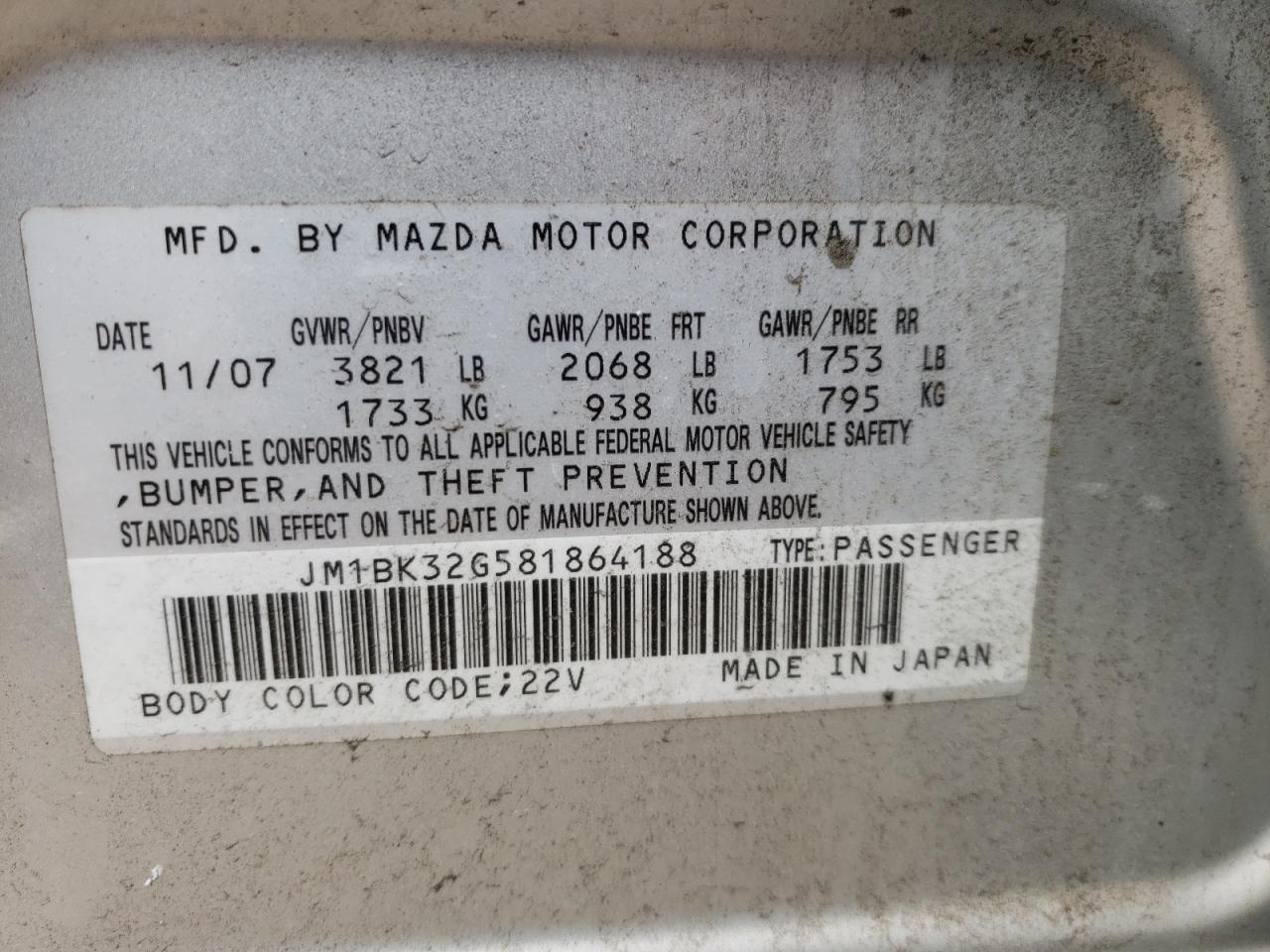 Zdjęcie 10 z aukcji – 2008 MAZDA 3 I z VIN JM1BK32G581864188
