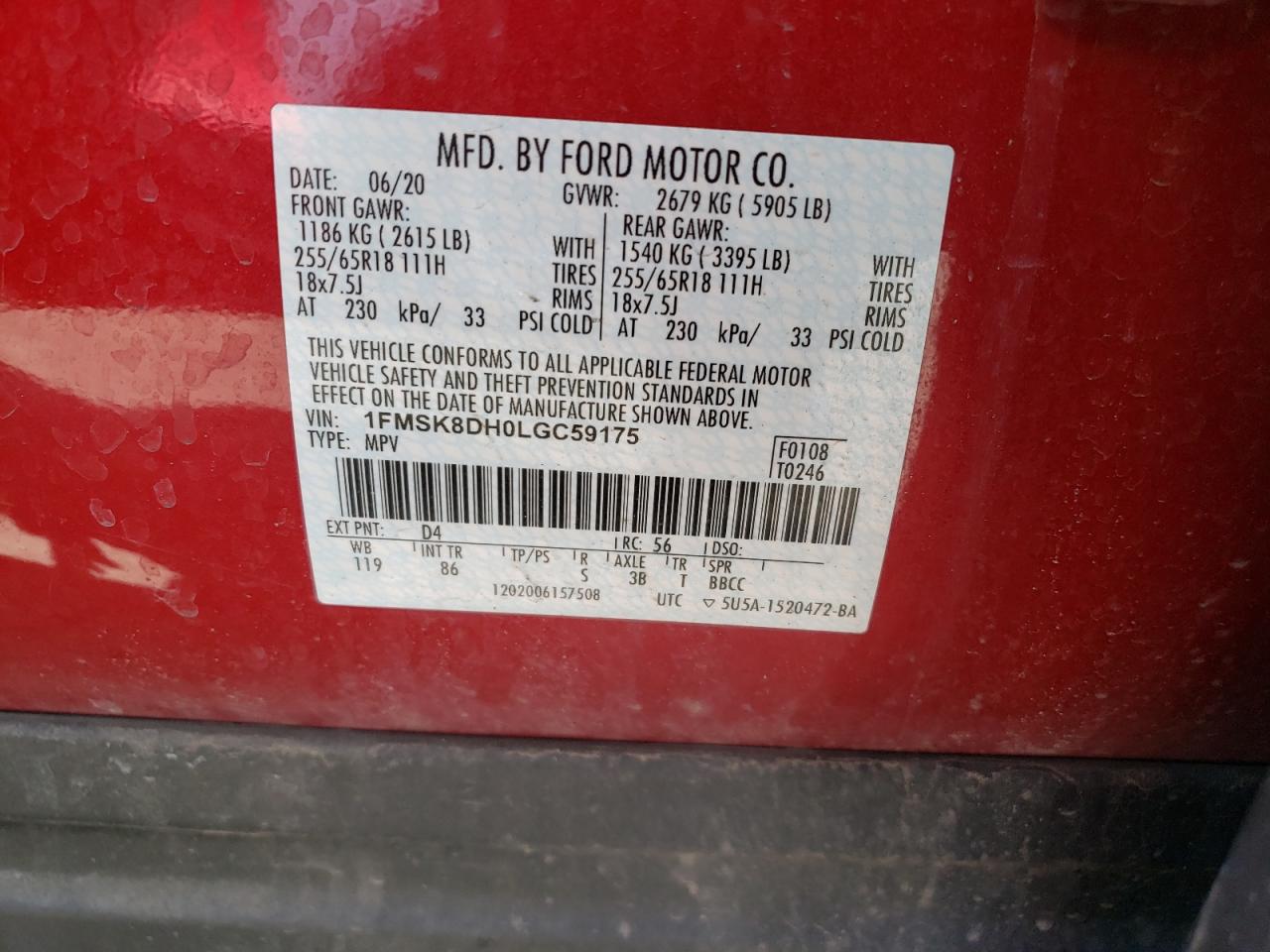 Photo 10 from auction – 2020 FORD EXPLORER X with VIN 1FMSK8DH0LGC59175