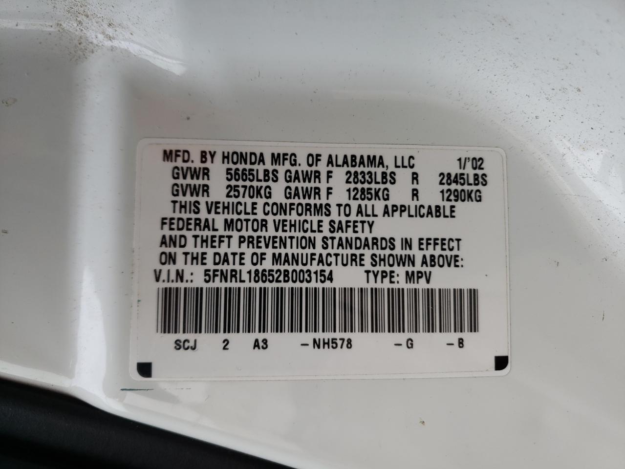 Photo 10 from auction – 2002 HONDA ODYSSEY EX with VIN 5FNRL18652B003154