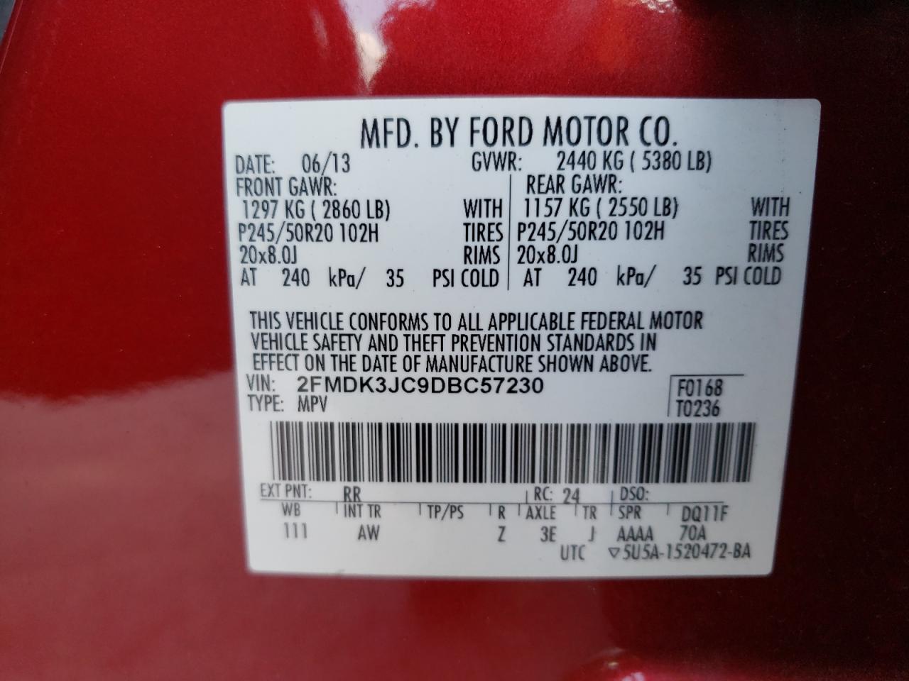 Photo 10 from auction – 2013 FORD EDGE SEL with VIN 2FMDK3JC9DBC57230