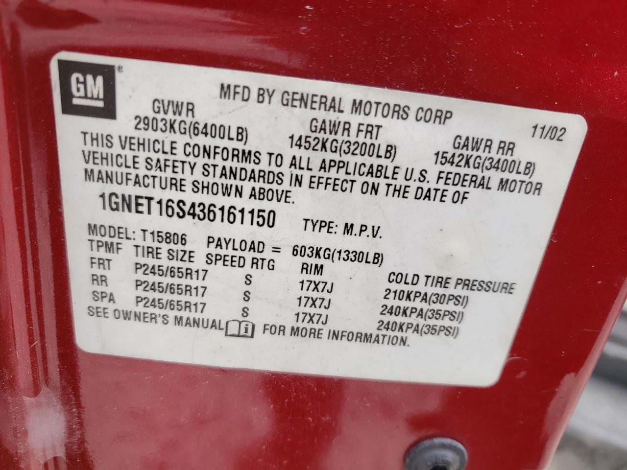 Photo 10 from auction – 2003 CHEVROLET TRAILBLAZE with VIN 1GNET16S436161150