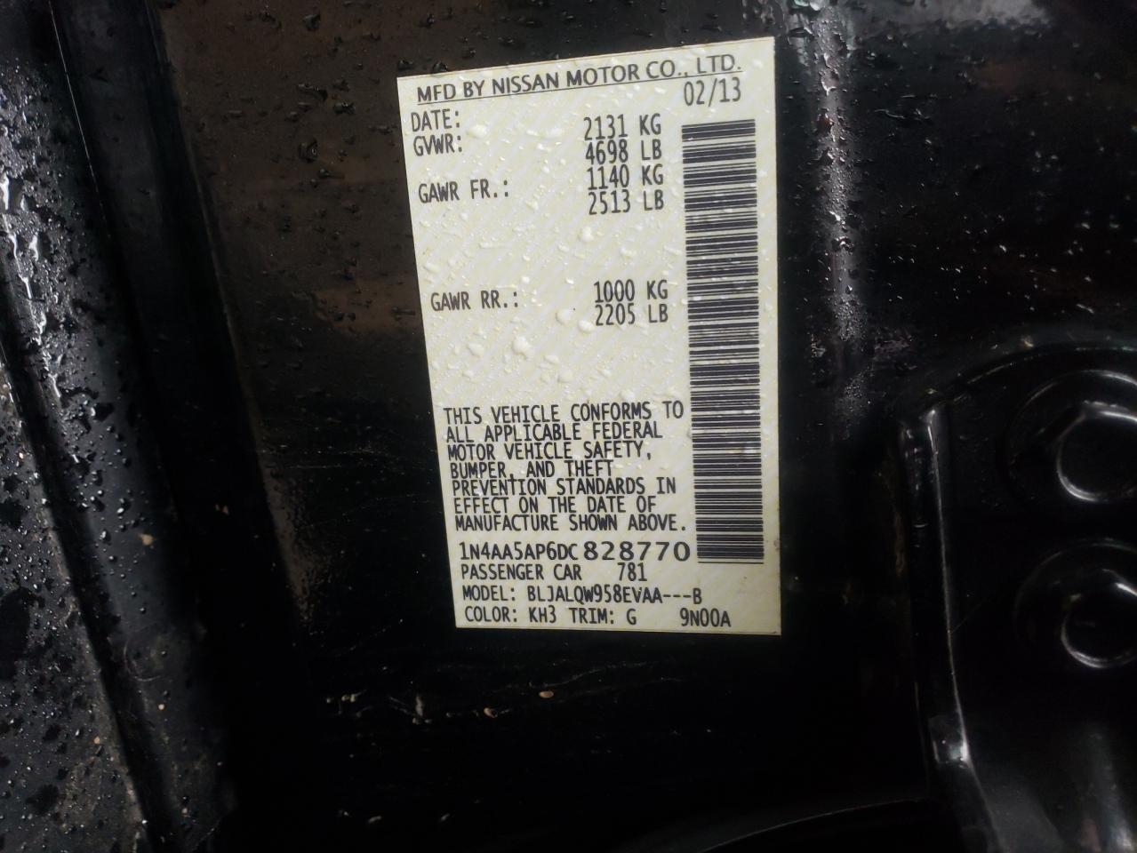 Photo 10 from auction – 2013 NISSAN MAXIMA S with VIN 1N4AA5AP6DC828770