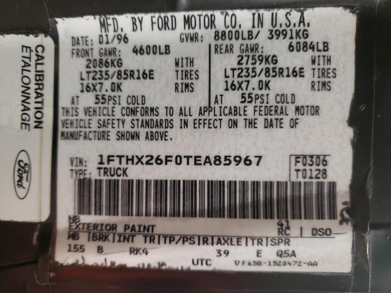Photo 10 from auction – 1996 FORD F-250 with VIN 1FTHX26F0TEA85967