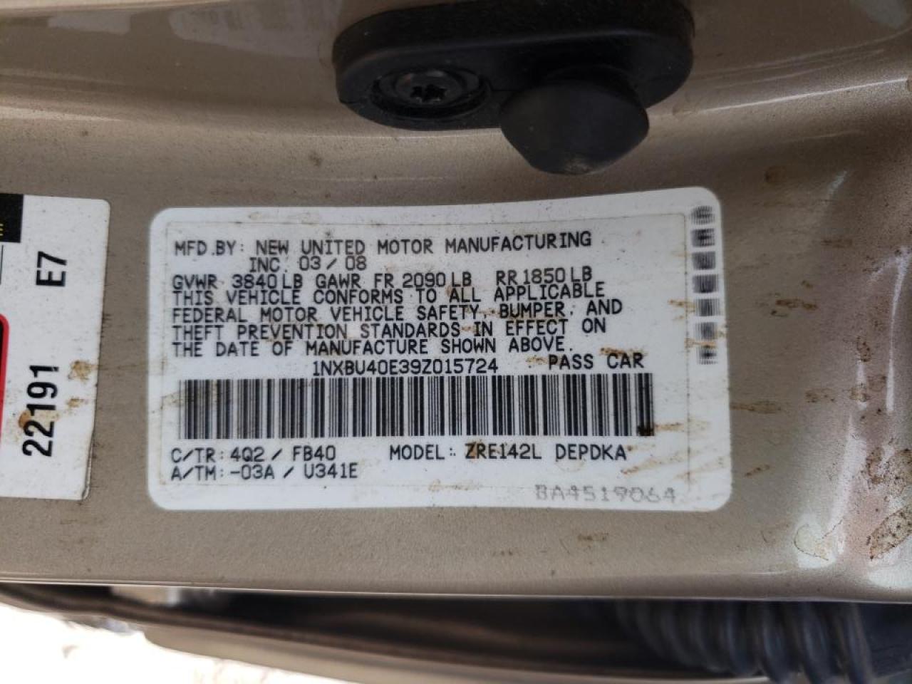 Photo 10 from auction – 2009 TOYOTA COROLLA BA with VIN 1NXBU40E39Z015724