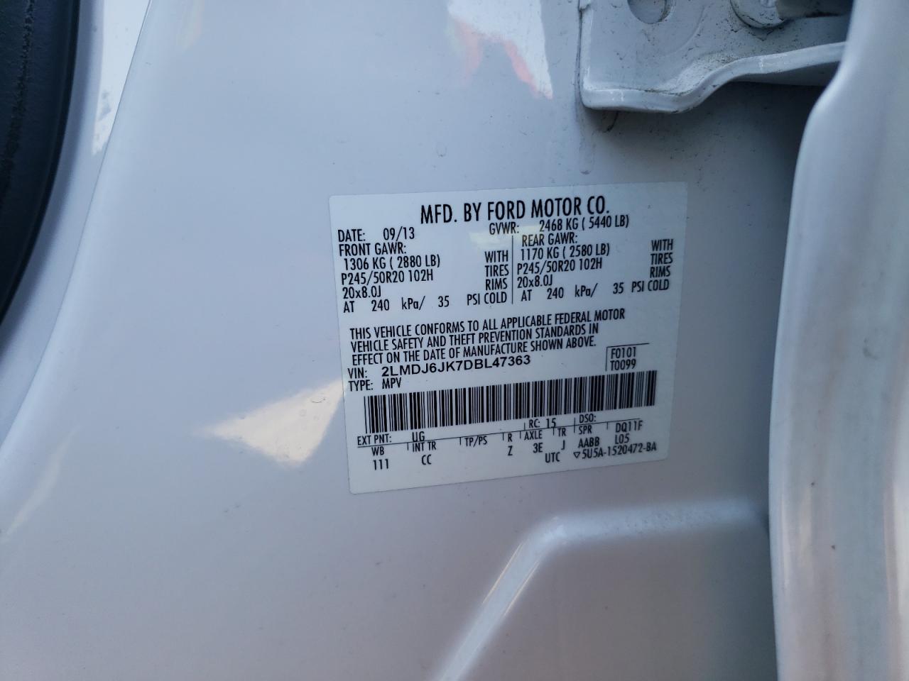 Photo 10 from auction – 2013 LINCOLN MKX with VIN 2LMDJ6JK7DBL47363