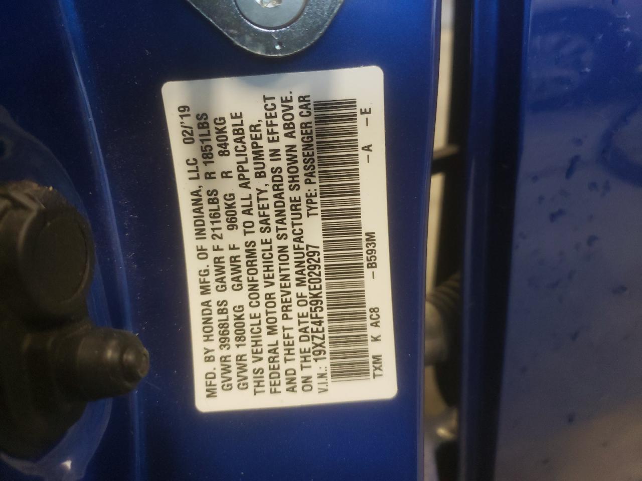Photo 10 from auction – 2019 HONDA INSIGHT EX with VIN 19XZE4F59KE029297