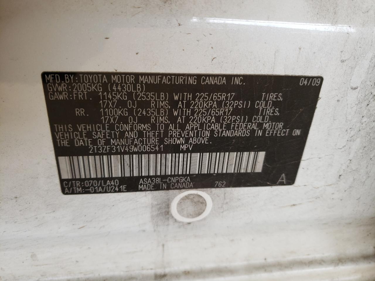 Photo 10 from auction – 2009 TOYOTA RAV4 LIMIT with VIN 2T3ZF31V49W006541