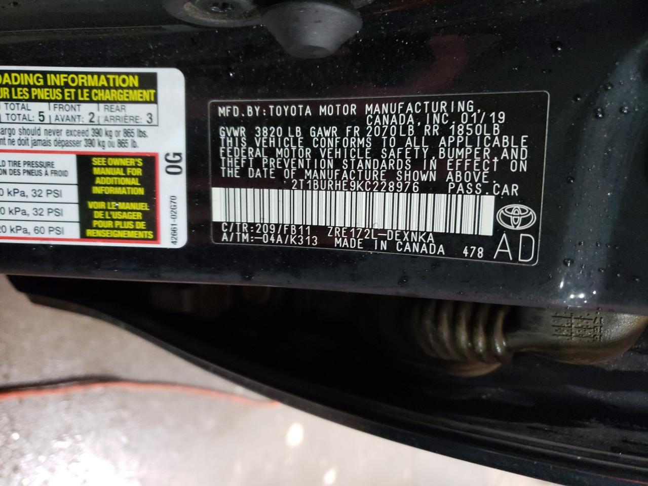 Photo 10 from auction – 2019 TOYOTA COROLLA L with VIN 2T1BURHE9KC228976