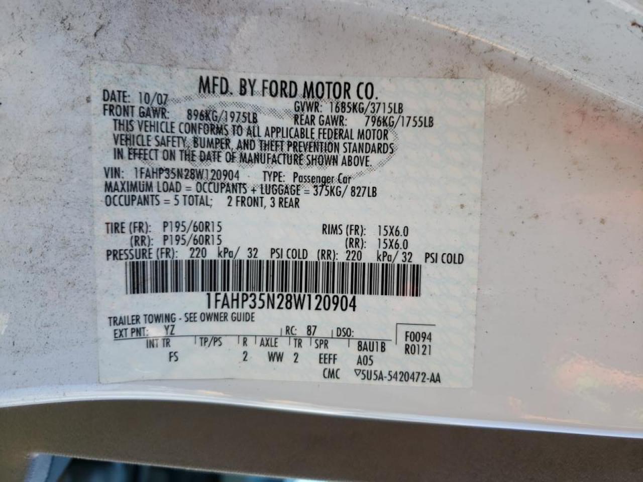 Photo 10 from auction – 2008 FORD FOCUS SE with VIN 1FAHP35N28W120904