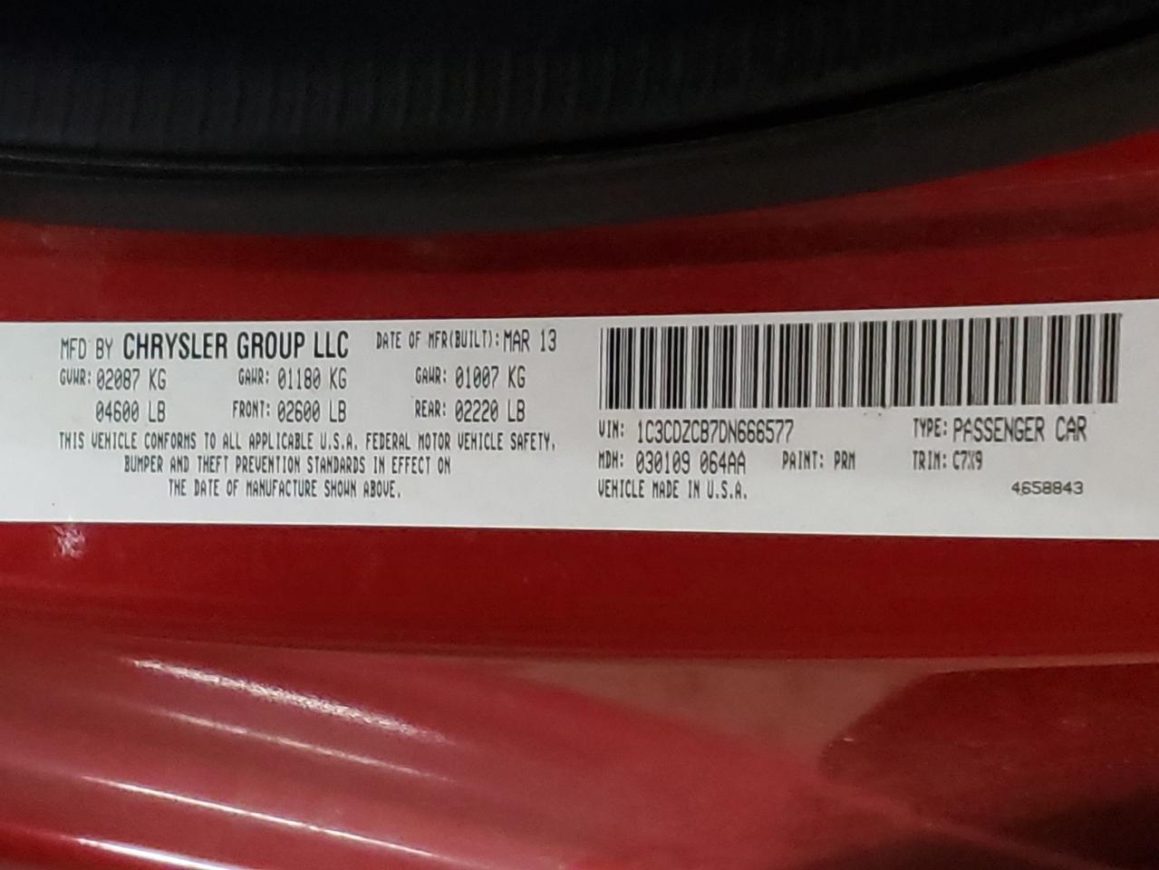 Photo 10 from auction – 2013 DODGE AVENGER SX with VIN 1C3CDZCB7DN666577