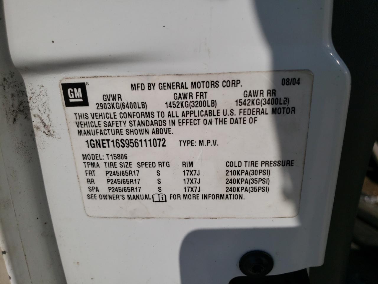 Photo 10 from auction – 2005 CHEVROLET TRAILBLAZE with VIN 1GNET16S956111072