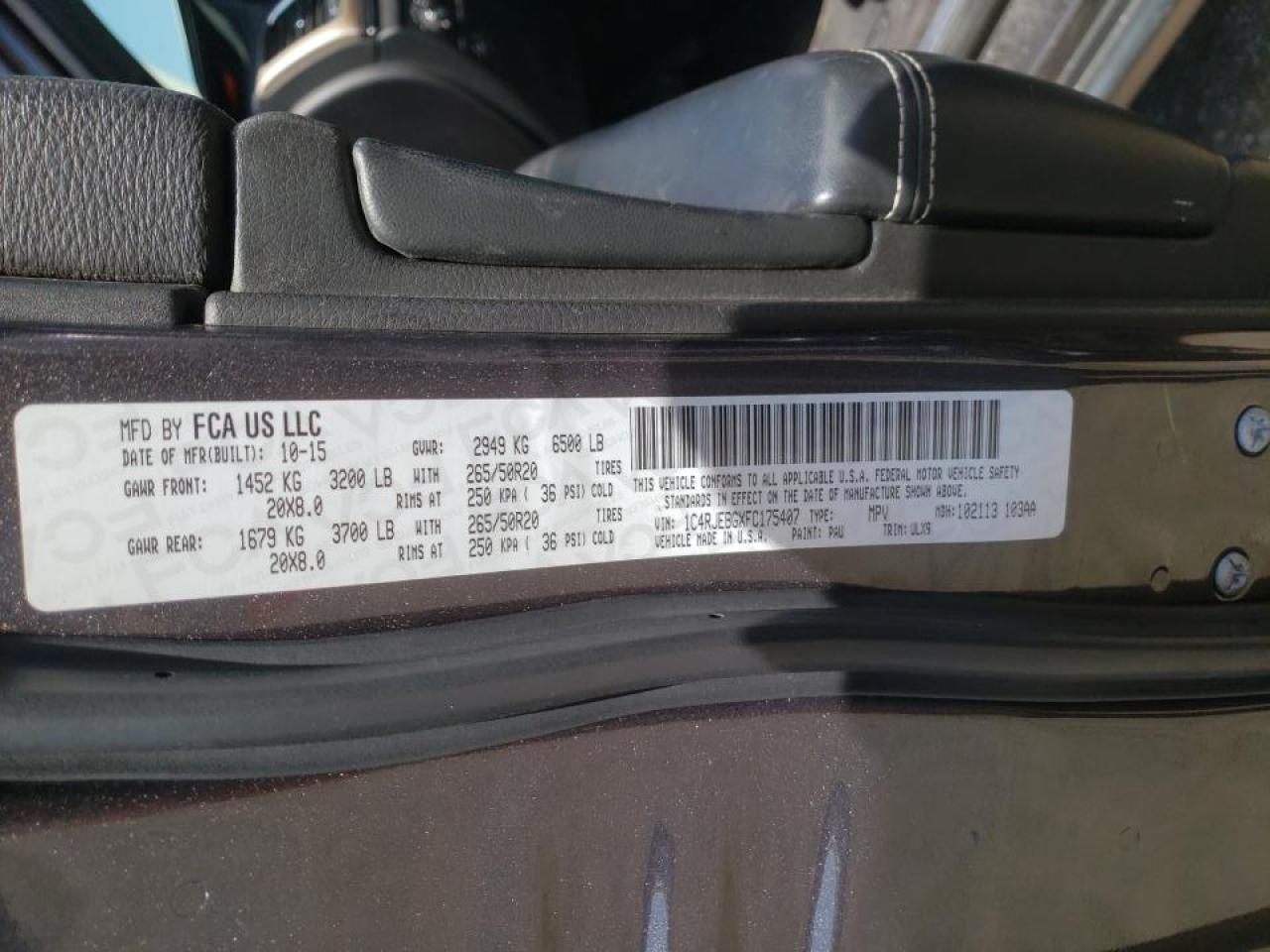 Photo 10 from auction – 2015 JEEP GRAND CHER with VIN 1C4RJEBGXFC175407