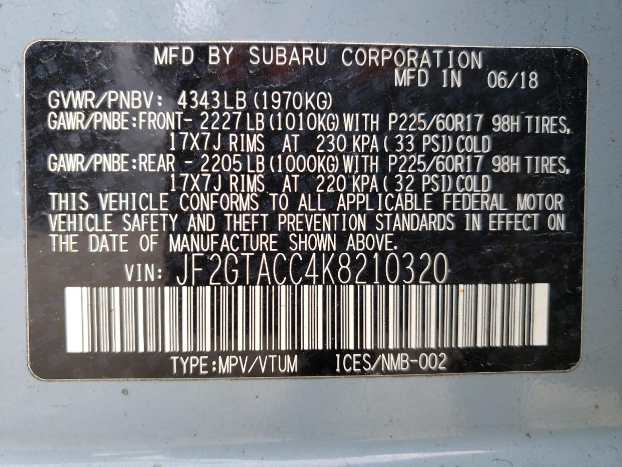 Photo 10 from auction – 2019 SUBARU CROSSTREK with VIN JF2GTACC4K8210320