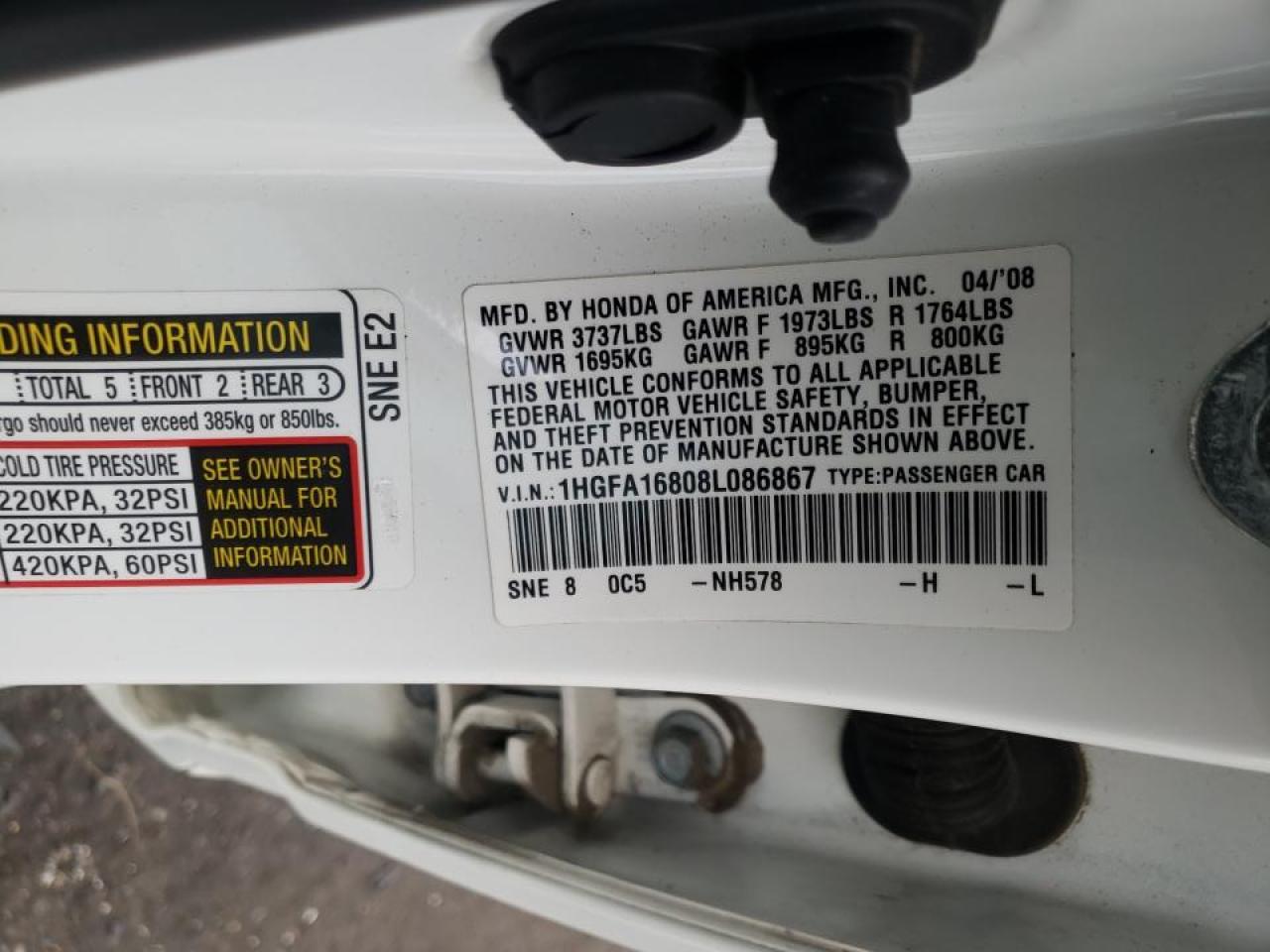 Photo 10 from auction – 2008 HONDA CIVIC with VIN 1HGFA16808L086867
