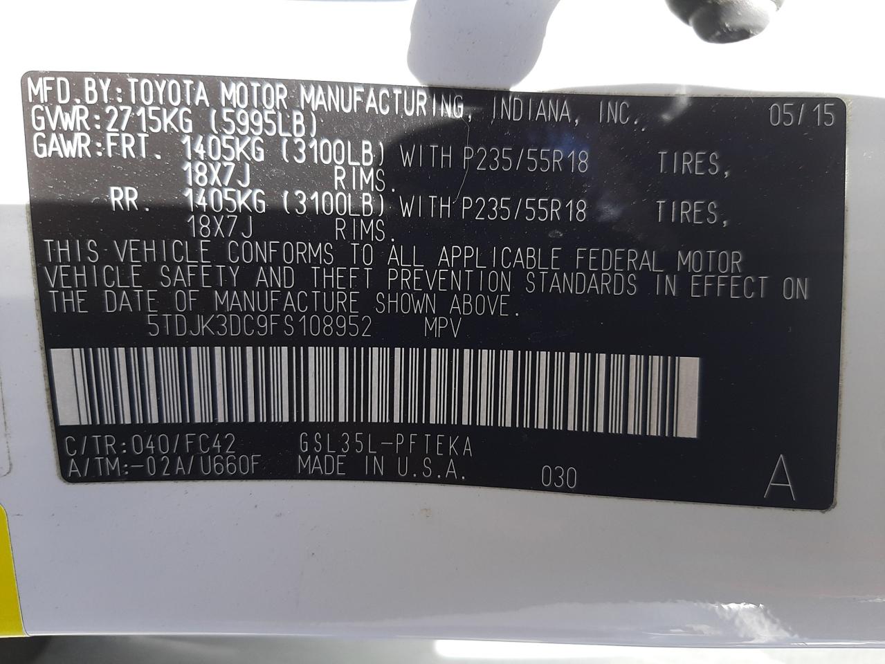 Photo 10 from auction – 2015 TOYOTA SIENNA LE with VIN 5TDJK3DC9FS108952