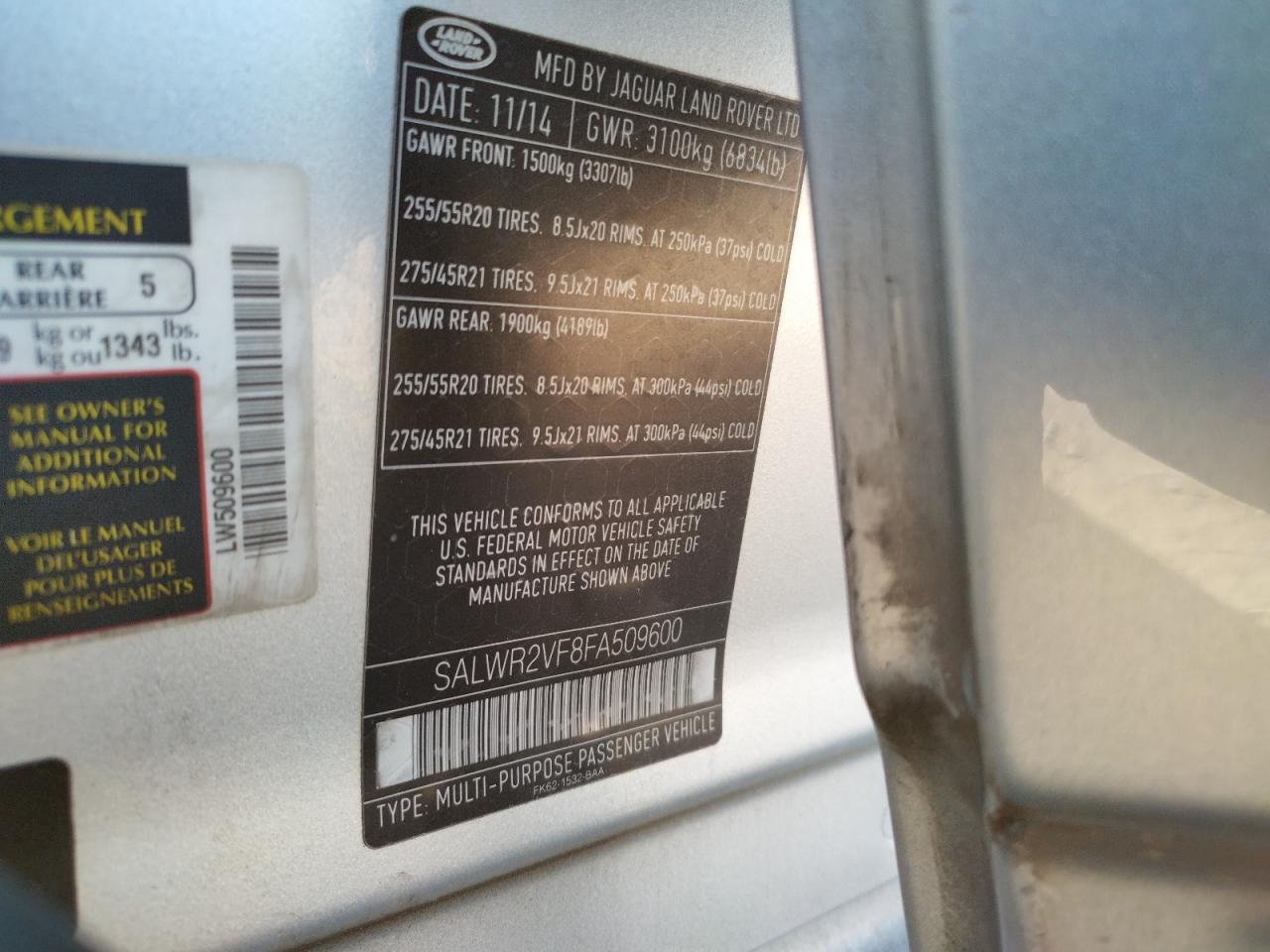 Photo 10 from auction – 2015 LAND ROVER RANGE ROVE with VIN SALWR2VF8FA509600