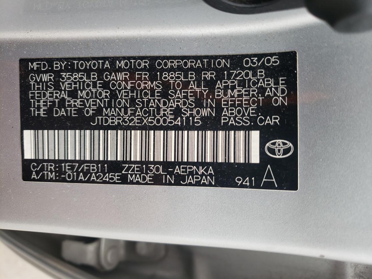 Photo 10 from auction – 2005 TOYOTA COROLLA CE with VIN JTDBR32EX50054115