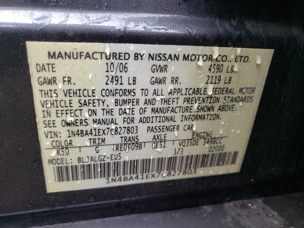 Photo 10 from auction – 2007 NISSAN MAXIMA SE with VIN 1N4BA41EX7C827803