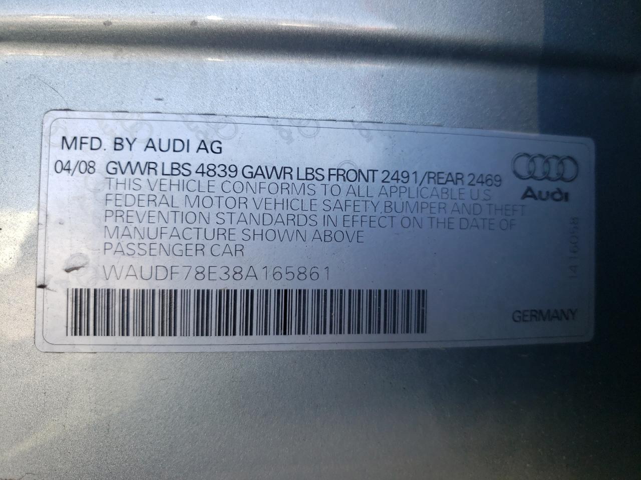 Photo 10 from auction – 2008 AUDI A4 2.0T QU with VIN WAUDF78E38A165861