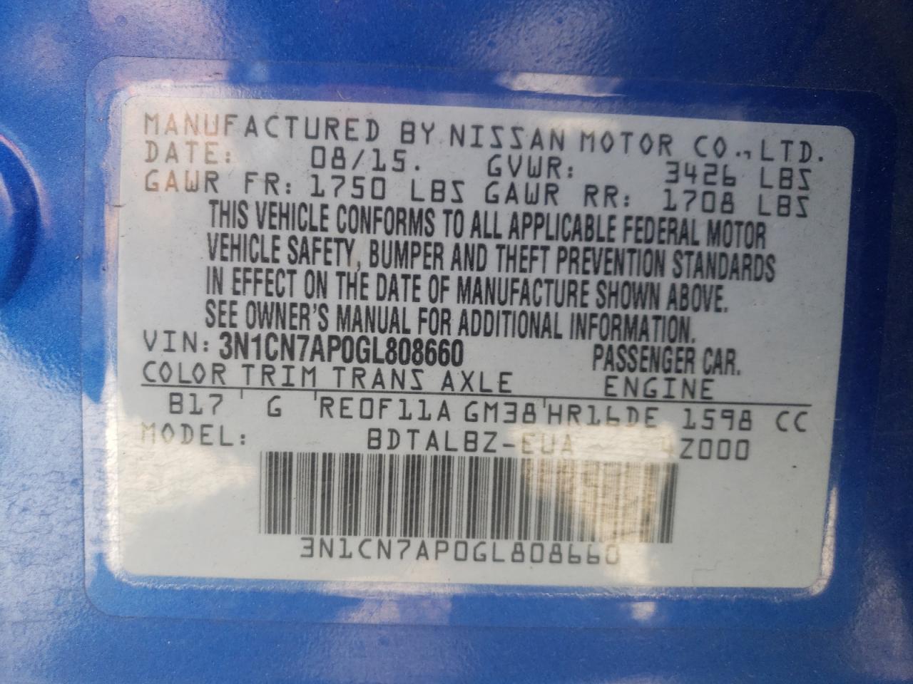 Photo 10 from auction – 2016 NISSAN VERSA S with VIN 3N1CN7AP0GL808660