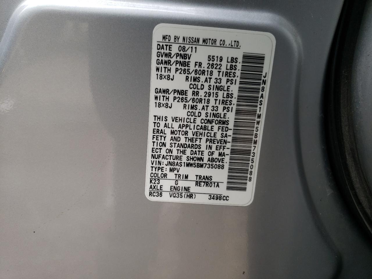Photo 10 from auction – 2011 INFINITI FX35 with VIN JN8AS1MW5BM735088