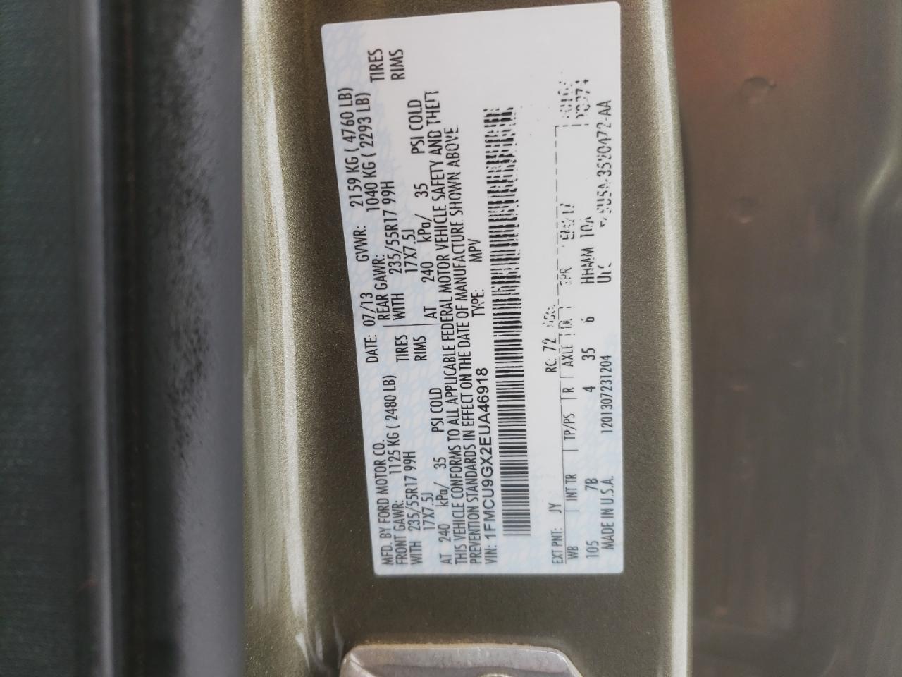 Photo 10 from auction – 2014 FORD ESCAPE SE with VIN 1FMCU9GX2EUA46918