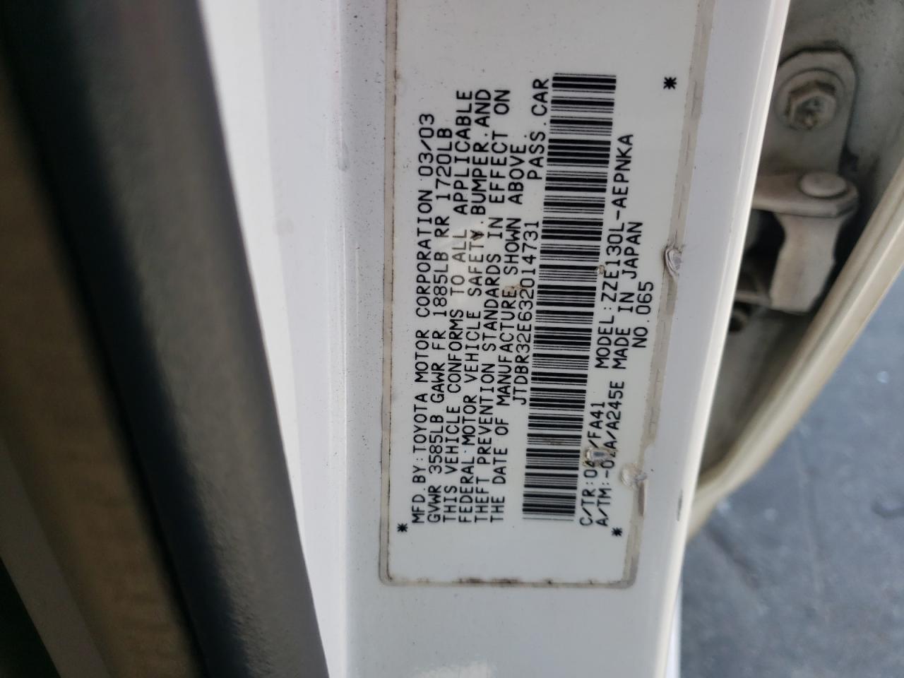 Photo 10 from auction – 2003 TOYOTA COROLLA CE with VIN JTDBR32E632014731